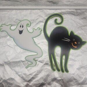 Die Cut Ghost & Cat Cartoon Neon Green Halloween Decoration Beistle Co 70s VTG
